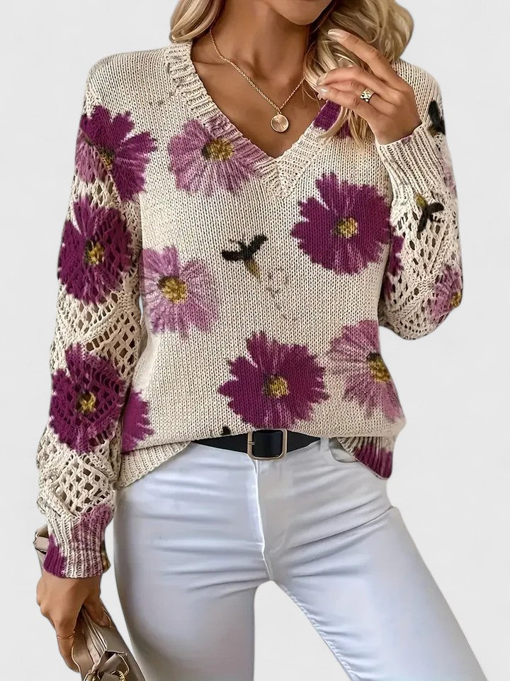 Elegant Floral V-Neck Sweater | Airy Timeless Everyday Sophistication