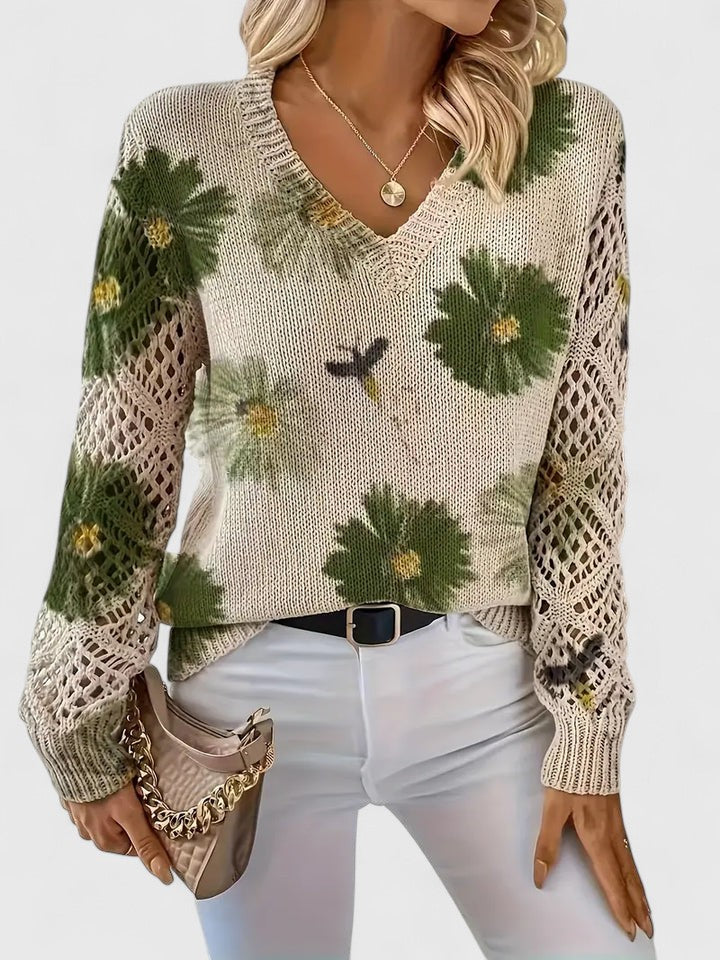 Elegant Floral V-Neck Sweater | Airy Timeless Everyday Sophistication