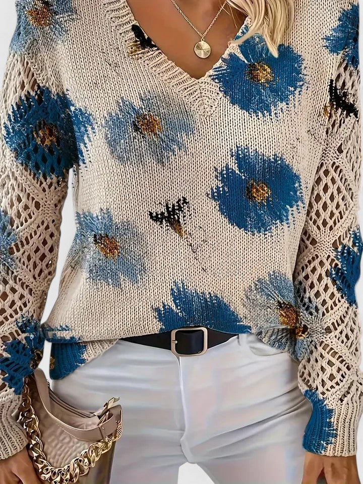 Elegant Floral V-Neck Sweater | Airy Timeless Everyday Sophistication