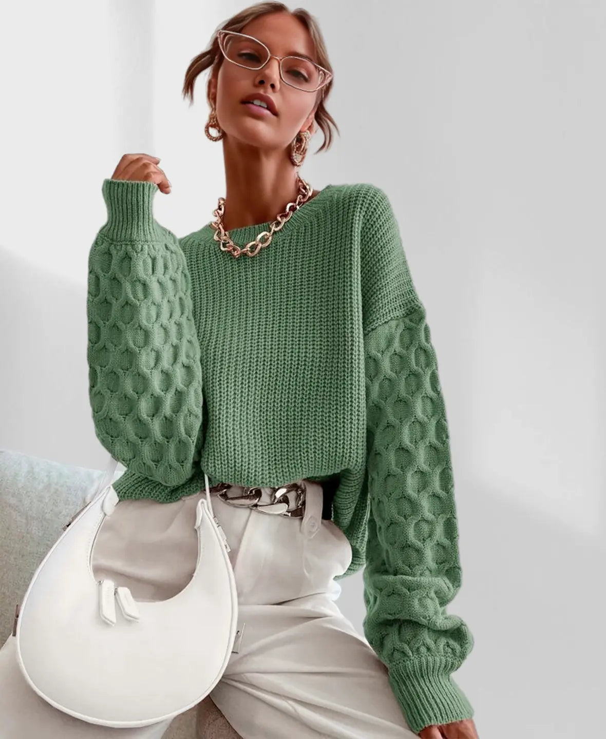 Knit Winter Sweater | Textured Balloon Sleeves Relaxed Elegance