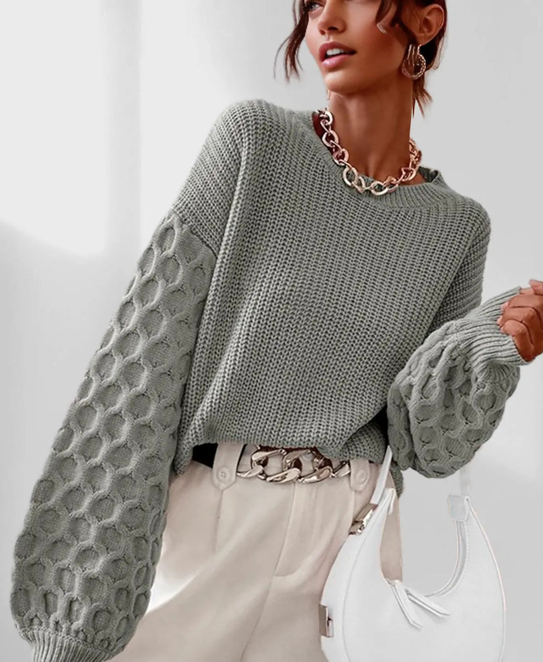 Knit Winter Sweater | Textured Balloon Sleeves Relaxed Elegance