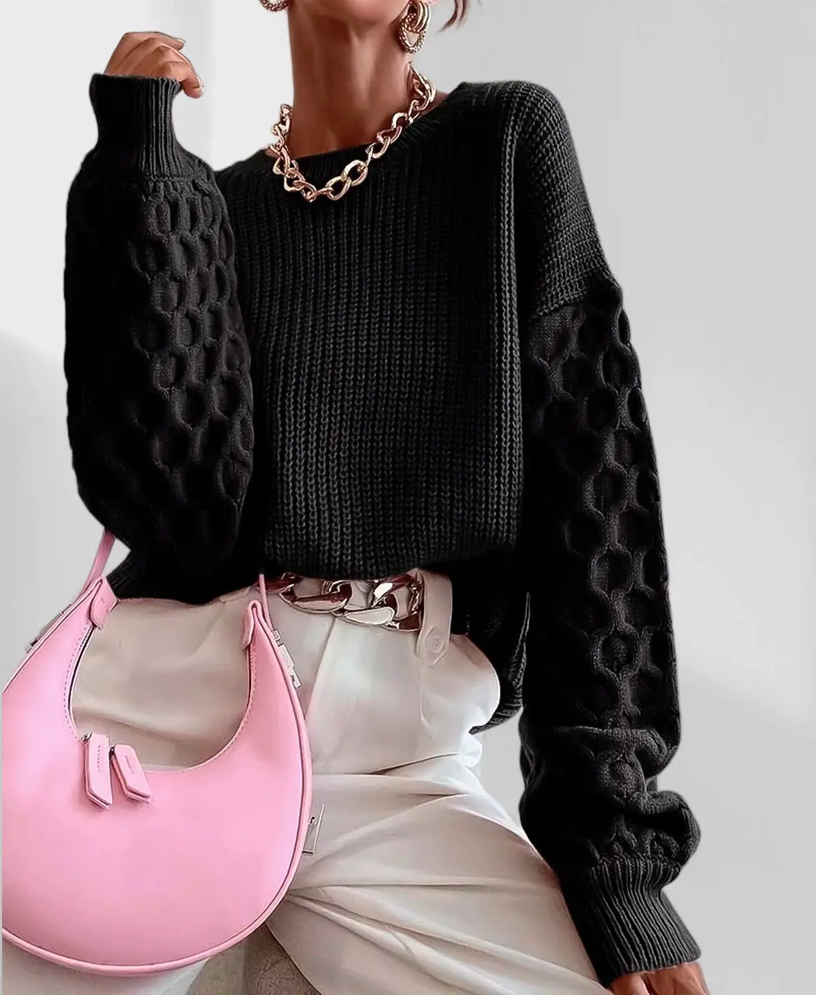 Knit Winter Sweater | Textured Balloon Sleeves Relaxed Elegance