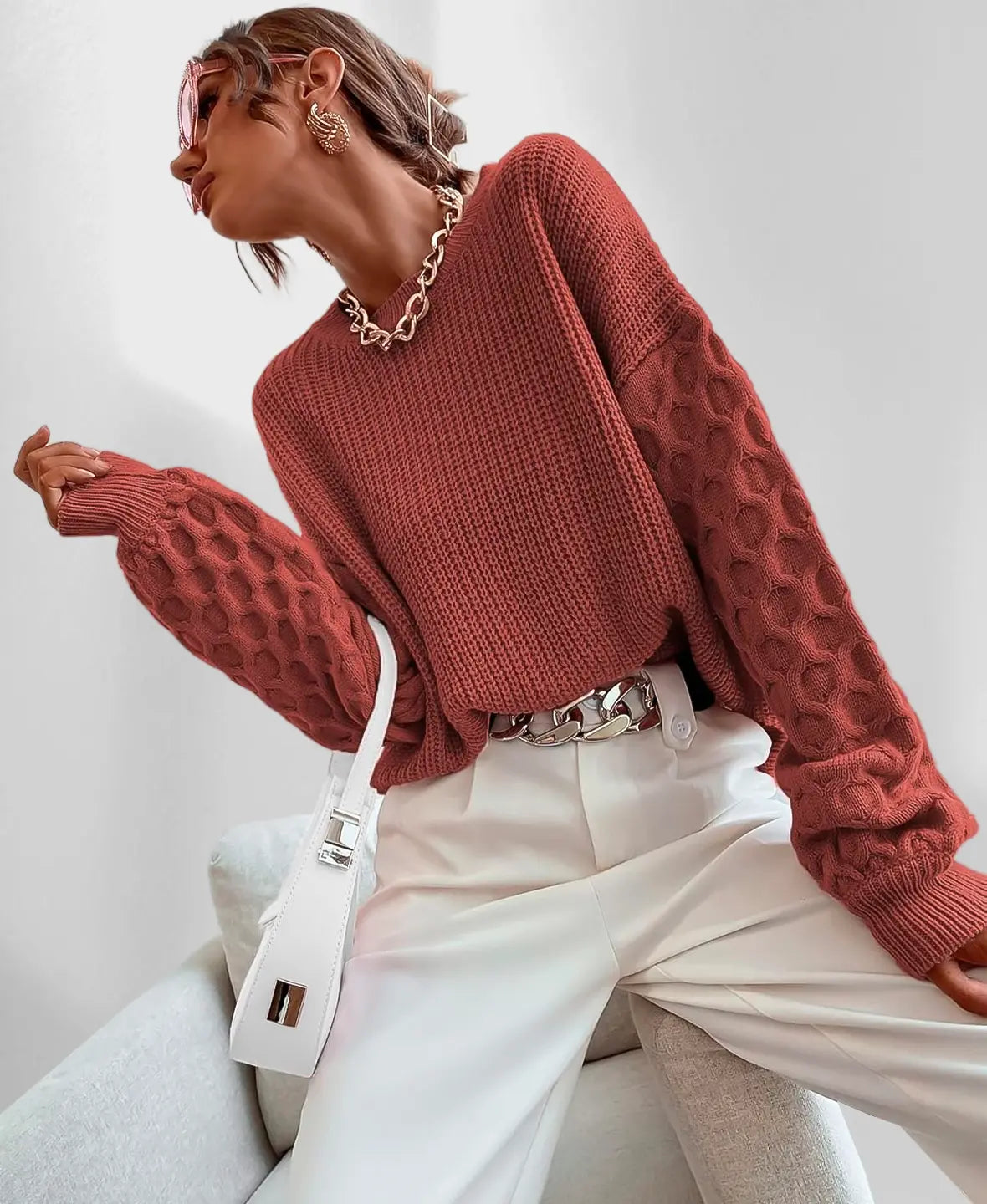 Knit Winter Sweater | Textured Balloon Sleeves Relaxed Elegance