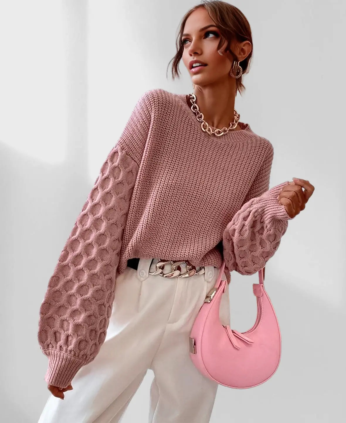 Knit Winter Sweater | Textured Balloon Sleeves Relaxed Elegance