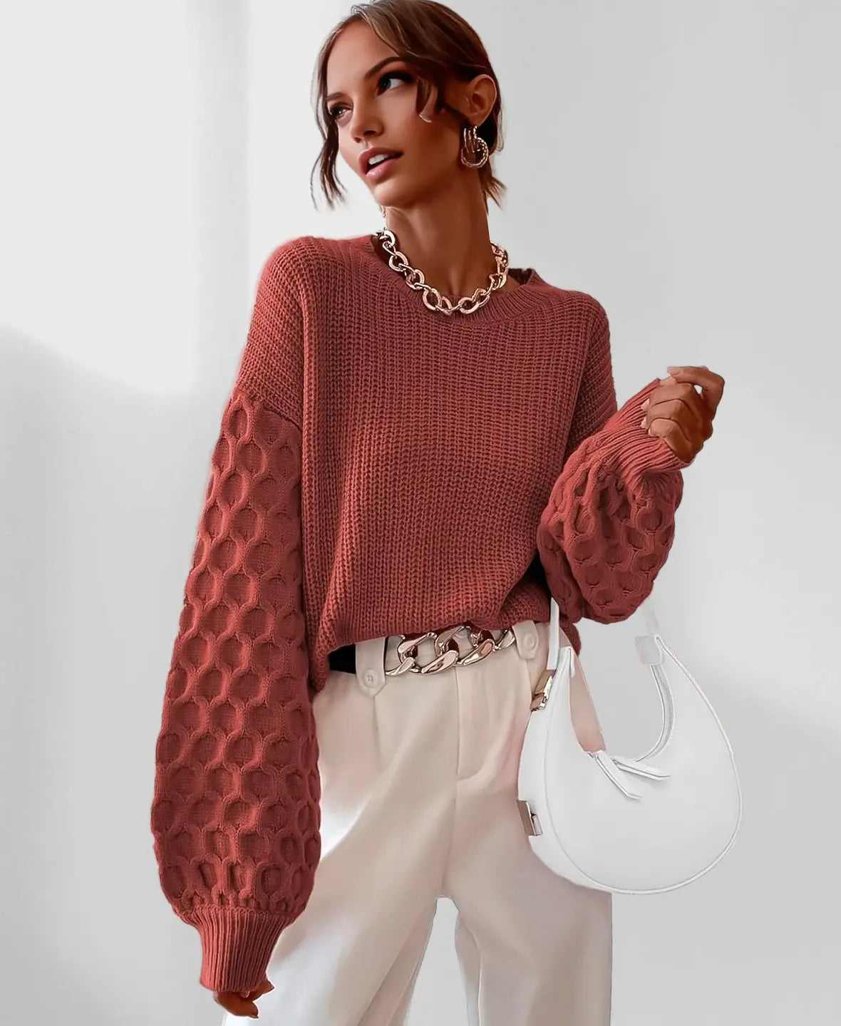 Knit Winter Sweater | Textured Balloon Sleeves Relaxed Elegance