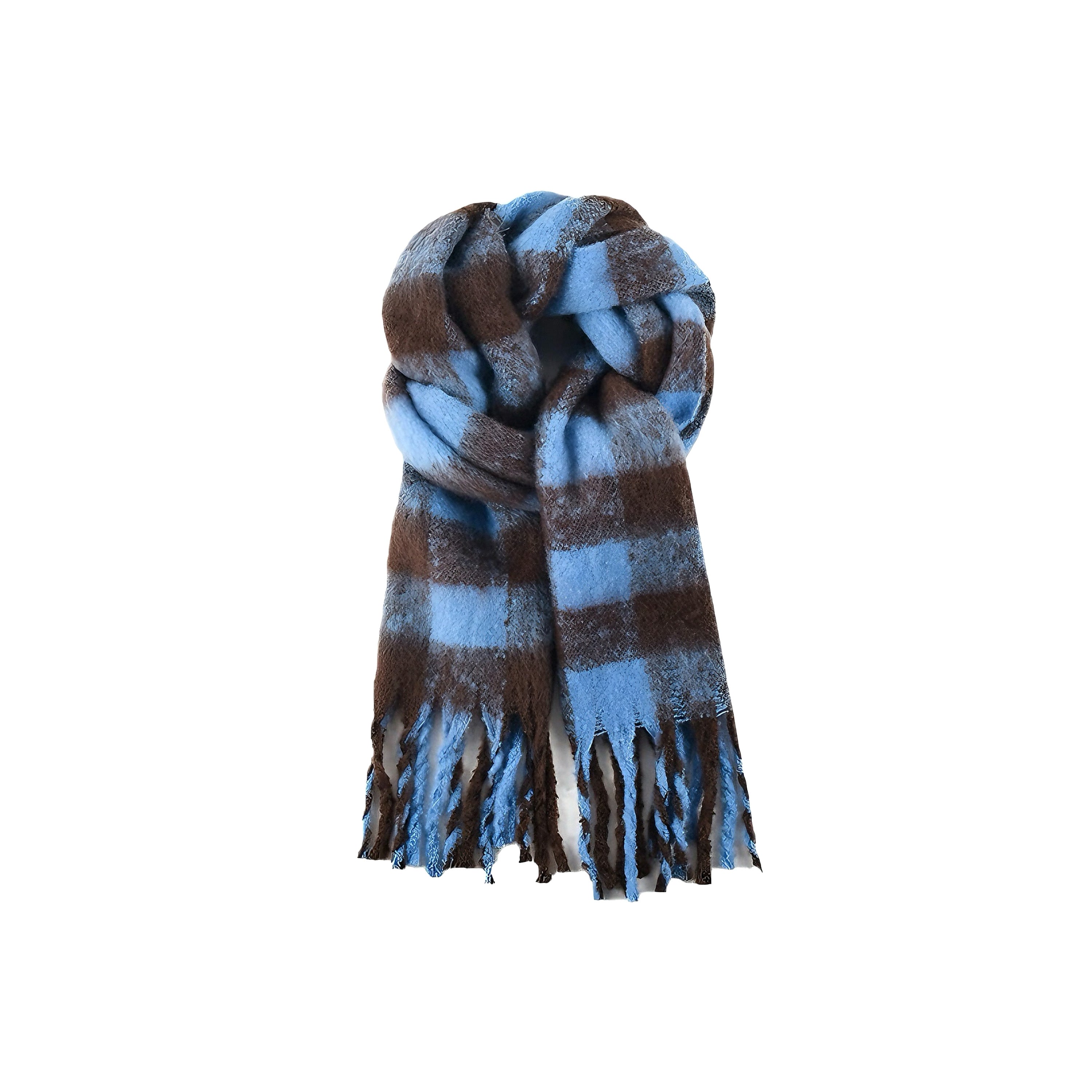 Women’s Blue Plaid Fringed Imitation Cashmere Scarf | Timeless Winter Elegance